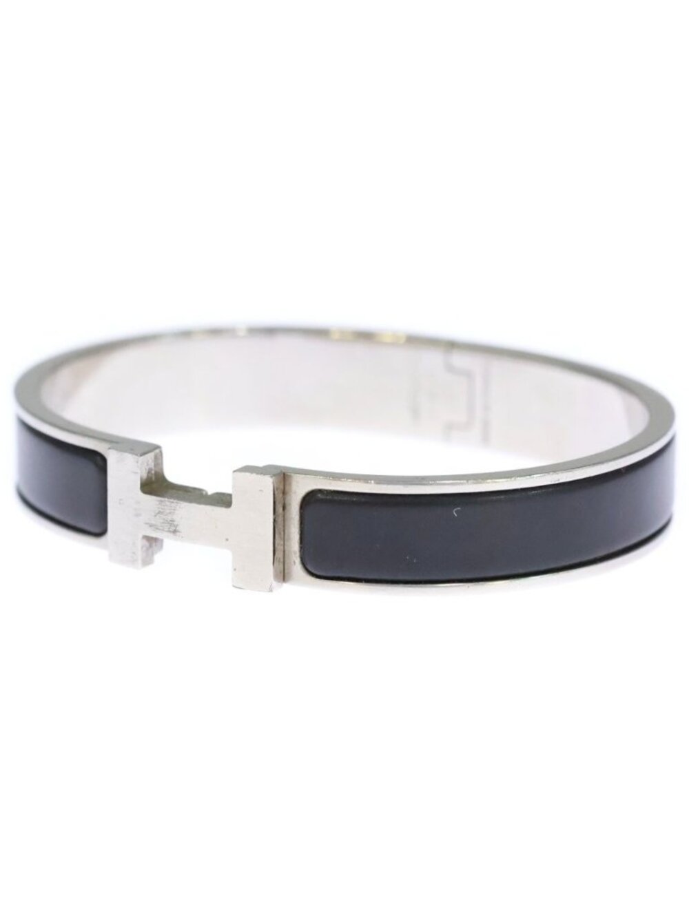 Hermes Click Logo Enamel Bangle Bracelet Silver Black